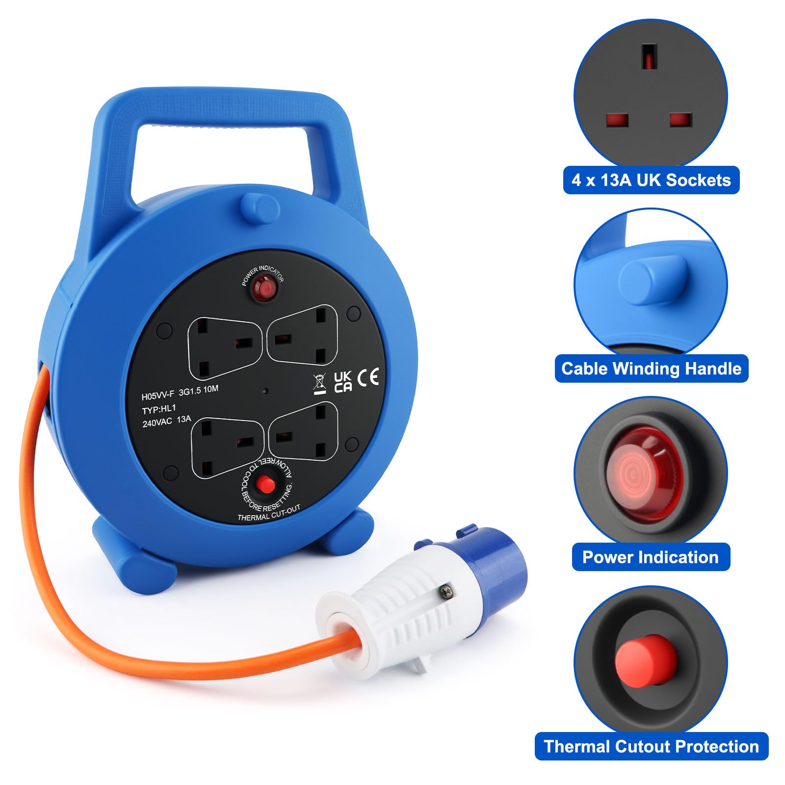 Cable de extensión para exteriores de 10 m, carrete de extensión retráctil de 4 enchufes, cable de conexión eléctrico de camping de 16 A, cable de alimentación impermeable y portátil, cable de