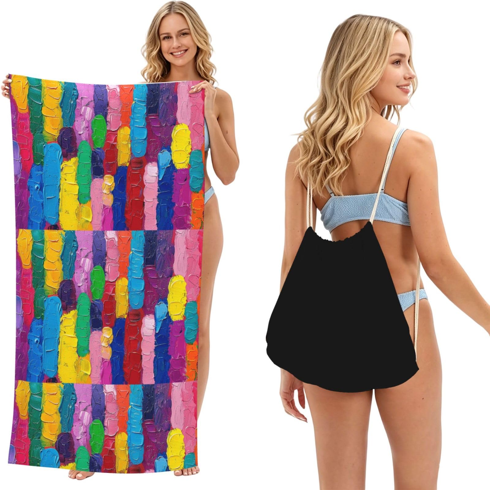 SKGOHLH Oil painting ribbon 2in1 Packable Beach Towel Bag Women