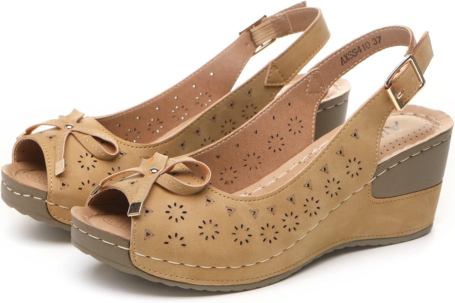 Altxic Women's Peep Toe Bow Hollow Out Slingback Platform Wedge Sandals Perforated Brown 9 US - Image 8