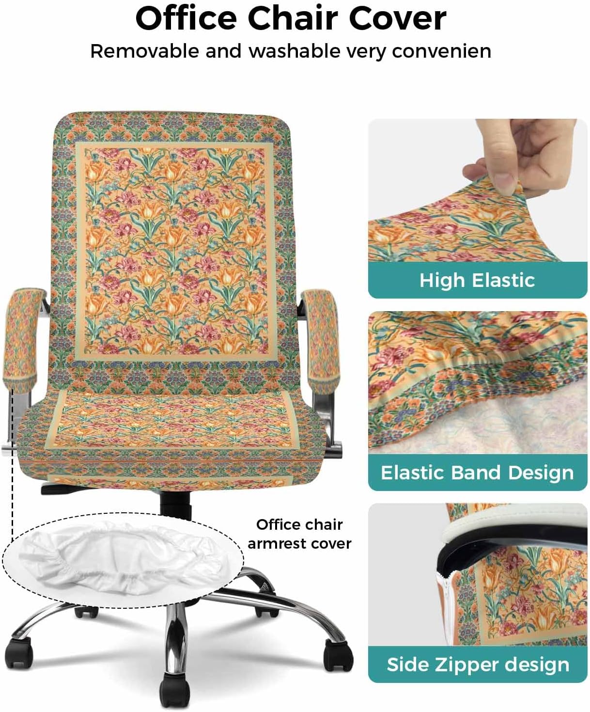 Beige Red Floral Boho Office Chair Covers with Armrest Covers, Rotating Chair Cover, Vintage Ethnic Tribe Abstract Art Armchair Slipcovers Decorative Backrest Seat Protectors, Large