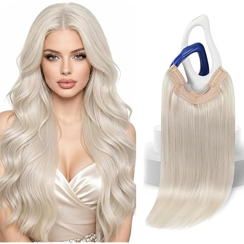 Sunny Hair Wire Hair Extensions Real Human Hair Softness 18 Inch 85G Color 60 Platinum Blonde Invisible Transparent Line Adjustable Secret Fish Line Hairpiece Easy to Wear