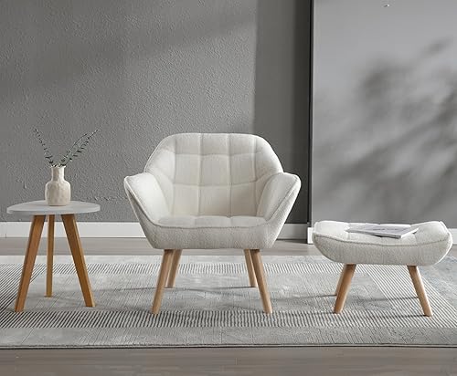 Miniatura 6 de Silla decorativa Sherpa con otomana, moderna silla de descanso con reposapiés, sofá tapizado, con patas de madera, cómoda silla de lectura para