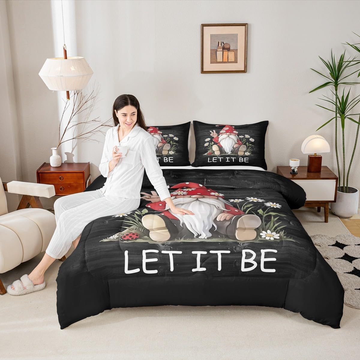 Cartoon Gnome Kids Comforter Set Twin Size,Daisy Ladybug Cute Bedding Set,Girls Boys Adults Bedroom Decor,Wooden Plank Rustic Farmhouse Down Comforter,Colorful Vinatge Duvet Insert,1 Pillowcase