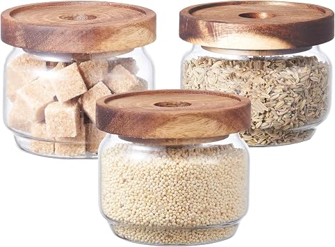 Eden & Willow Airtight Borosilicate Glass Kitchen Storage Jars with Acacia Wooden Lids, Food-Safe Pantry Organiser, Suitable for Home and Kitchen Use Set of 3, 270ml