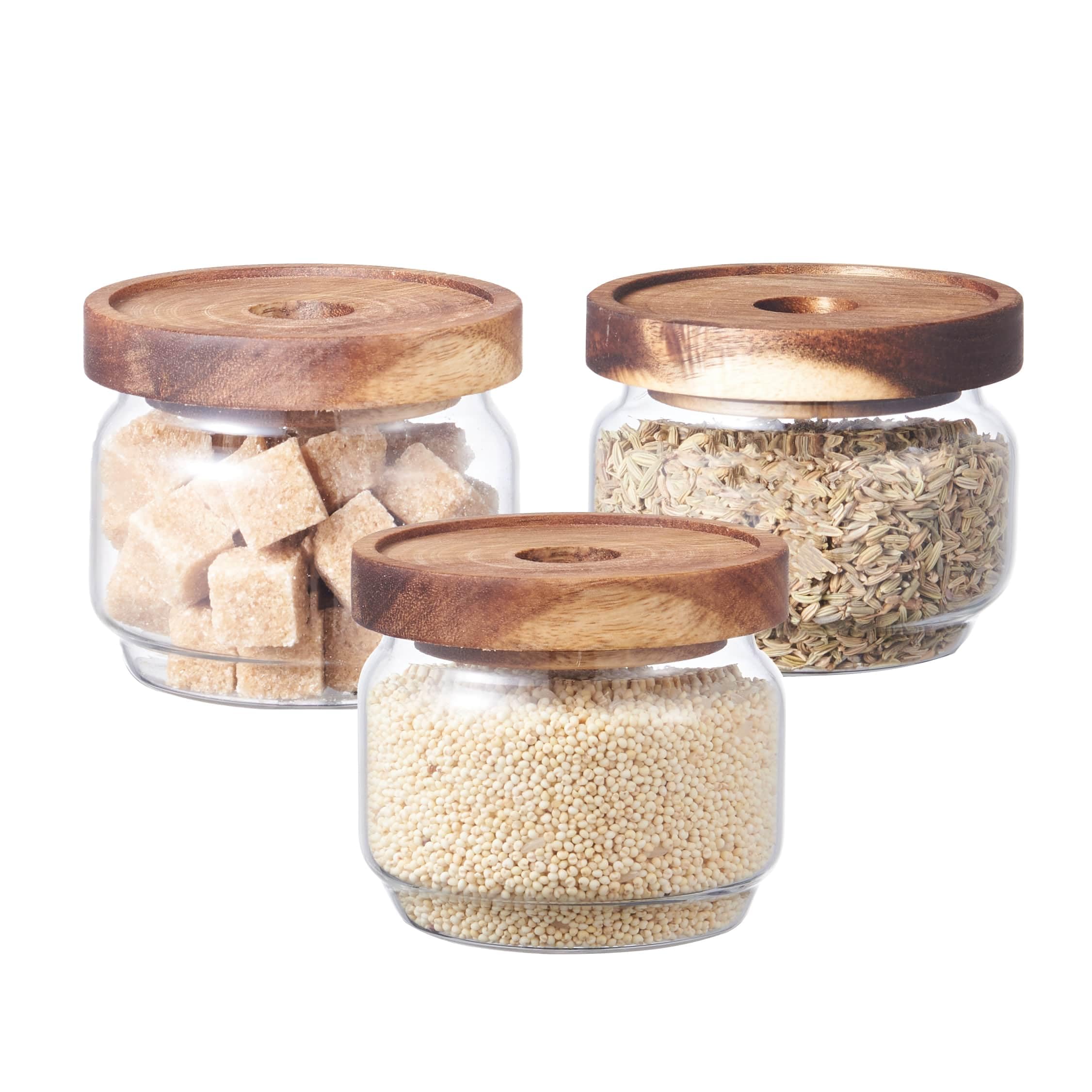 Eden & Willow Airtight Borosilicate Glass Kitchen Storage Jars with Acacia Wooden Lids, Food-Safe Pantry Organiser, Suitable for Home and Kitchen Use (Set of 3, 270ml)