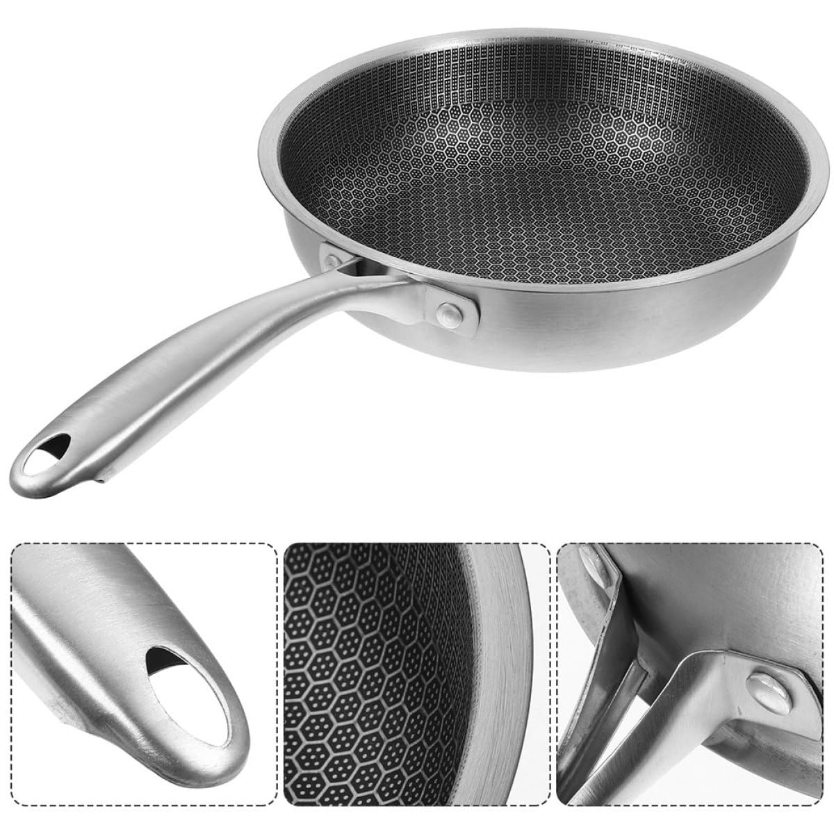 SHINEOFI Padella per Uova in Acciaio Inox 24 Cm con Manico, Padella per Bistecca con Fondo a Nido D’ape Antiaderente, Compatibile Tutti Piani Cottura Inclusa Induzione, Versatile