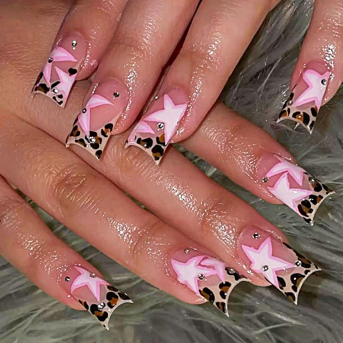 Photo 1 of **3 packs, see second photo for the other designs**Leopard French Tips Press on Nails Medium Duck Fake Nails with Pink Star Design Duckbill 3D Rhinestone False Nails Cheetah Nail Glossy Skin Tones Summer Glue on Nail for Women Girls Manicure 24Pcs
