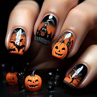 Black Halloween Fake Nails Short Press on Nails Halloween Full Cover Pumpkin Bat Spider Web False Nails Square Glue on Nails Glossy Orange Black Acrylic Nail for Women Nail Decorations