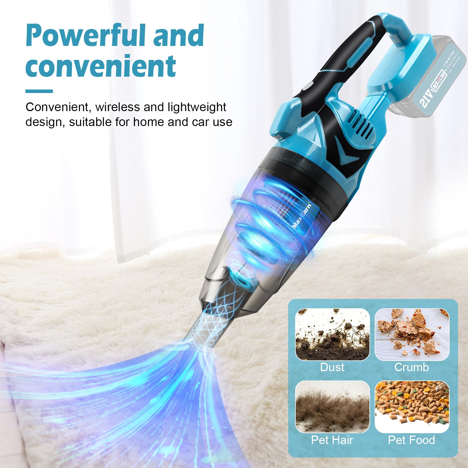 Aspiradora con batería para Makita 18 V, 10500 Pa, aspiradora de mano portátil, 140 W de potencia, aspiradora de coche con 4 cabezales de cepillo, mini aspirador de mano para casa, coche (sin