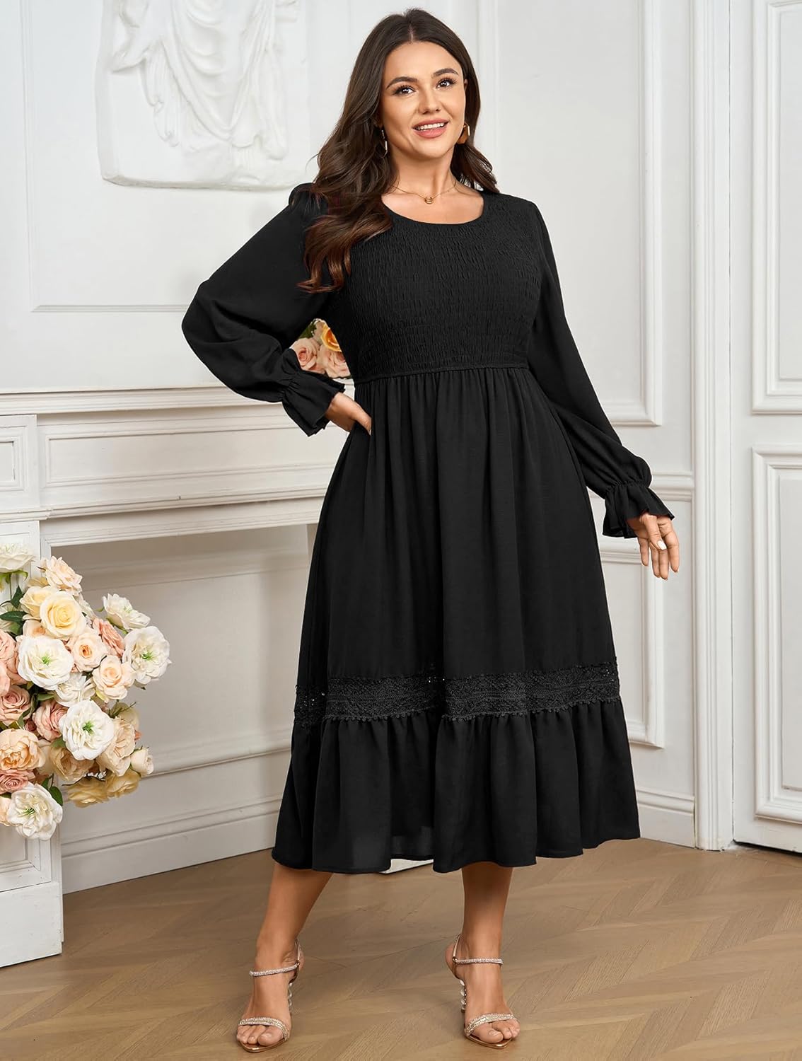 Plus Size Maxi Dress for Women Wedding Guest Fall Smocked Long Sleeve Round Neck Empire Waist Flowy Ruffle Dress 1XL~4XL - Image 5