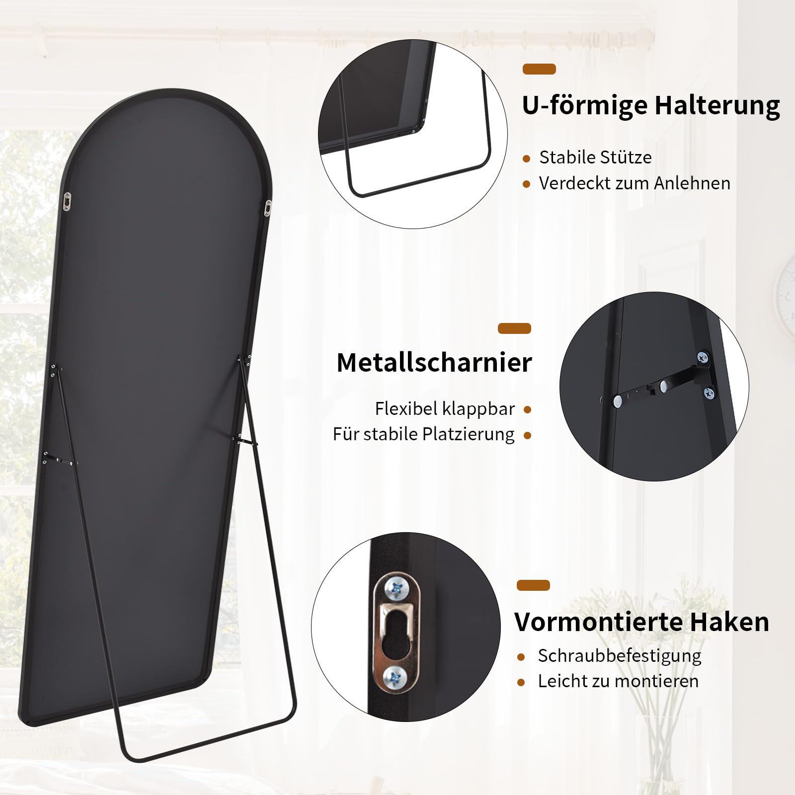 Koonmi 53 x 163 cm Gewölbter Top Ganzkörperspiegel mit Runden Ecken - Ganzkörperspiegel Groß Frei Stehend-Hängend-Lehnend, Boden Standspiegel als Ankleidespiegel für Wohnzimmer, Schwarz