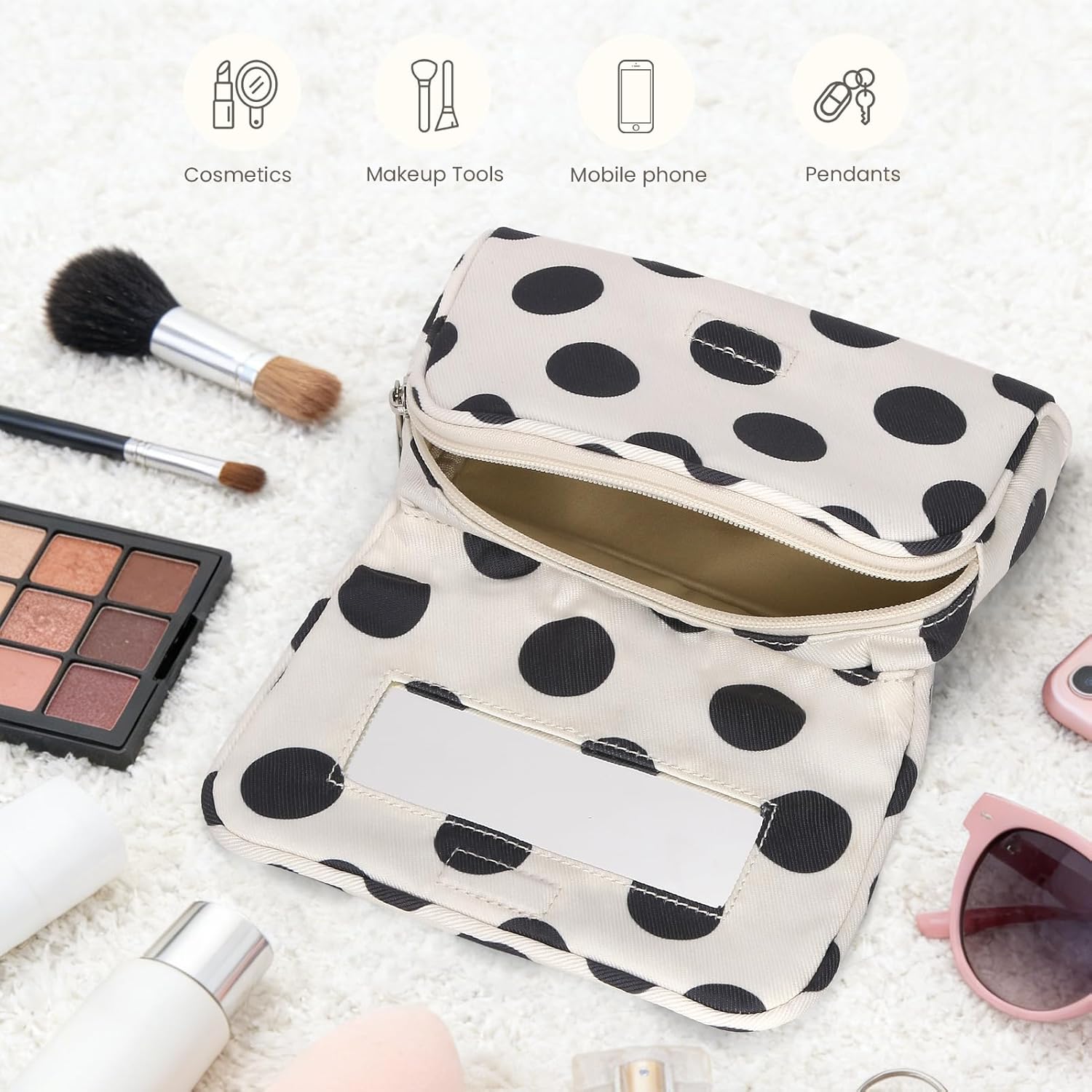 Women’s Cute Nylon Makeup Bag with Built-in Mirror, Protable Lightweight Cosmetic Bag, Trendy Toiletry Bag for Travel (White Polka)