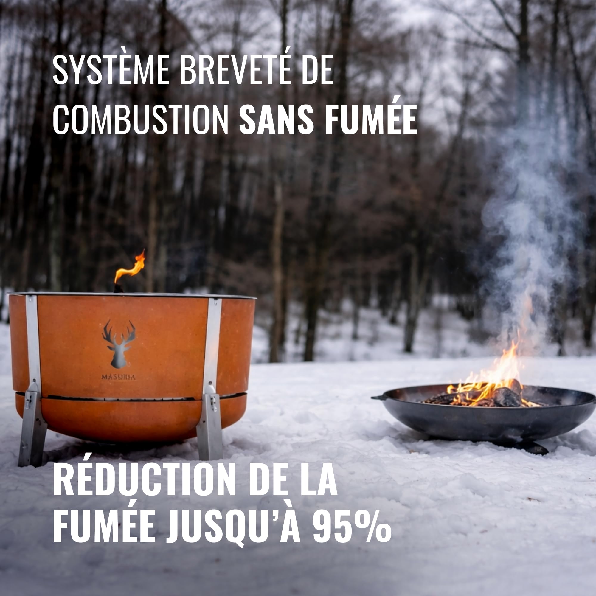 Masuria Brasero sans fumée 80 cm⌀ Alpha 800 - Réduction brevetée de fumée Jusqu’à 95% - Fabriqué en UE - Brasero extérieur en INOX 304 et Acier Corten - Pieds réglables - Grand tiroir à Cendres