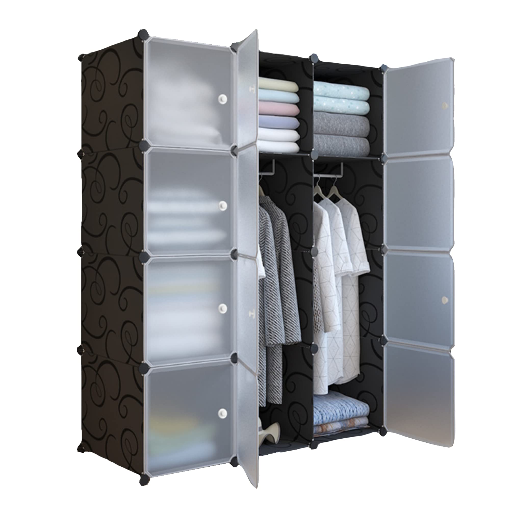 Armadio Componibile, Scaffale Modulare, Armadio Componibile Porta Abiti per Casa, Scaffale Portaoggetti per Camera da Letto, 12 Moduli, 2 Barre, 140x105 cm, Colore Nero