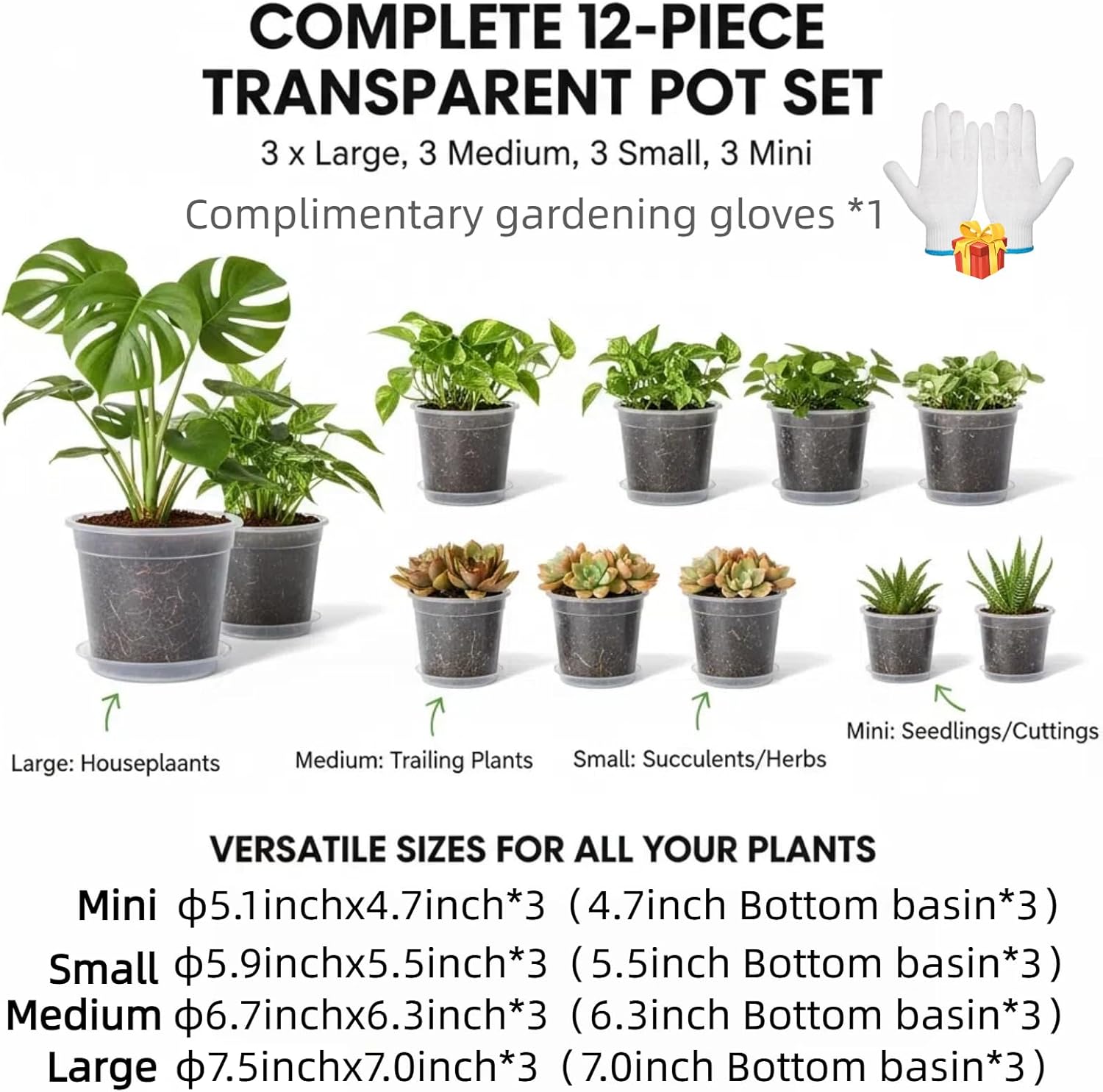 12 Pack Clear Plant Pots with Saucers (5/6/7/7.5") - Extra Thick Transparent Plastic Nursery Pots for Orchids & Indoor Plants, Excellent Drainage Holes & Bonus Gardening Gloves