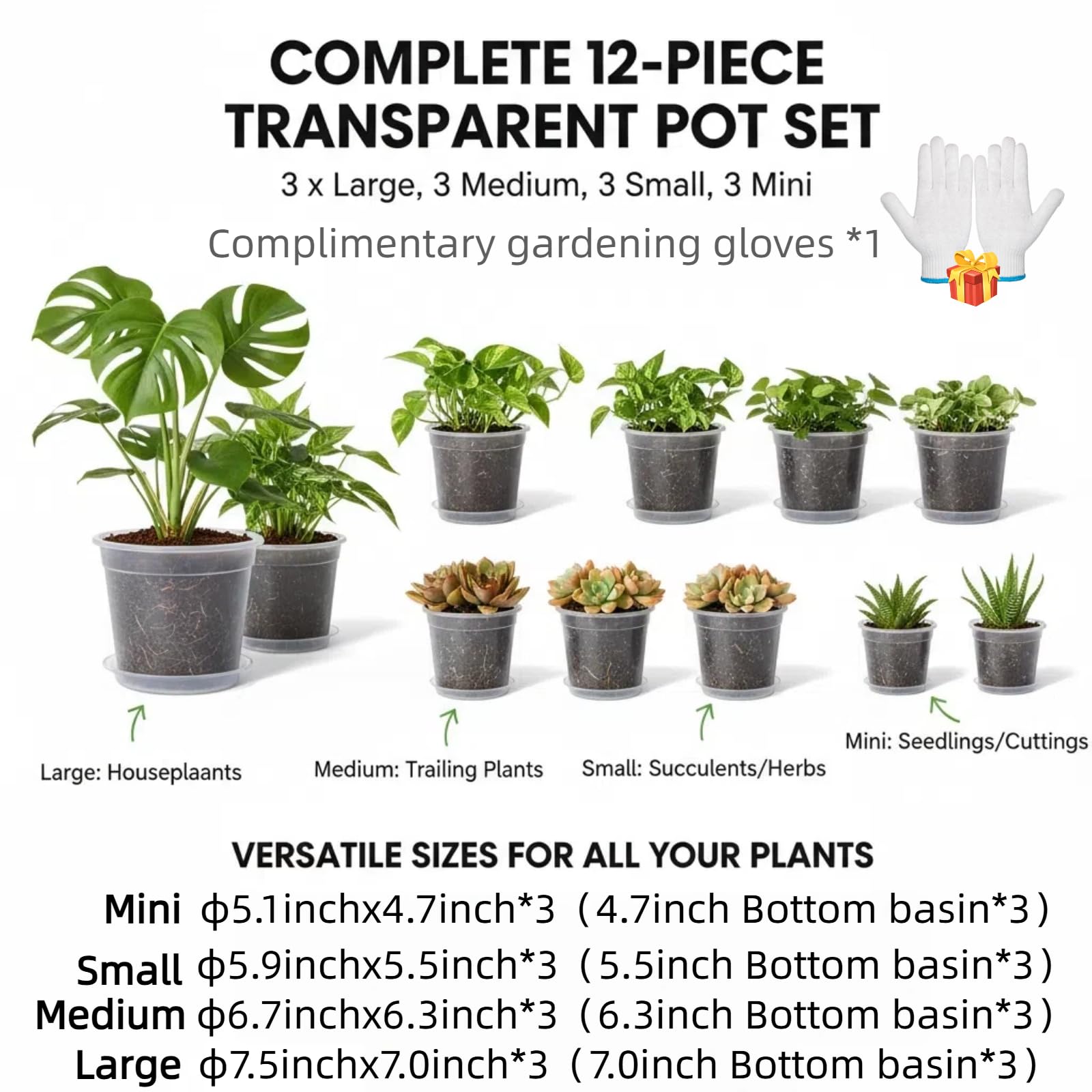 Lot de 12 pots de fleurs transparents extra épais de 13 cm, 15 cm, 17 cm, 19 cm avec plateaux et trous de drainage, adaptés pour l'élevage de semis et la plantation horticole