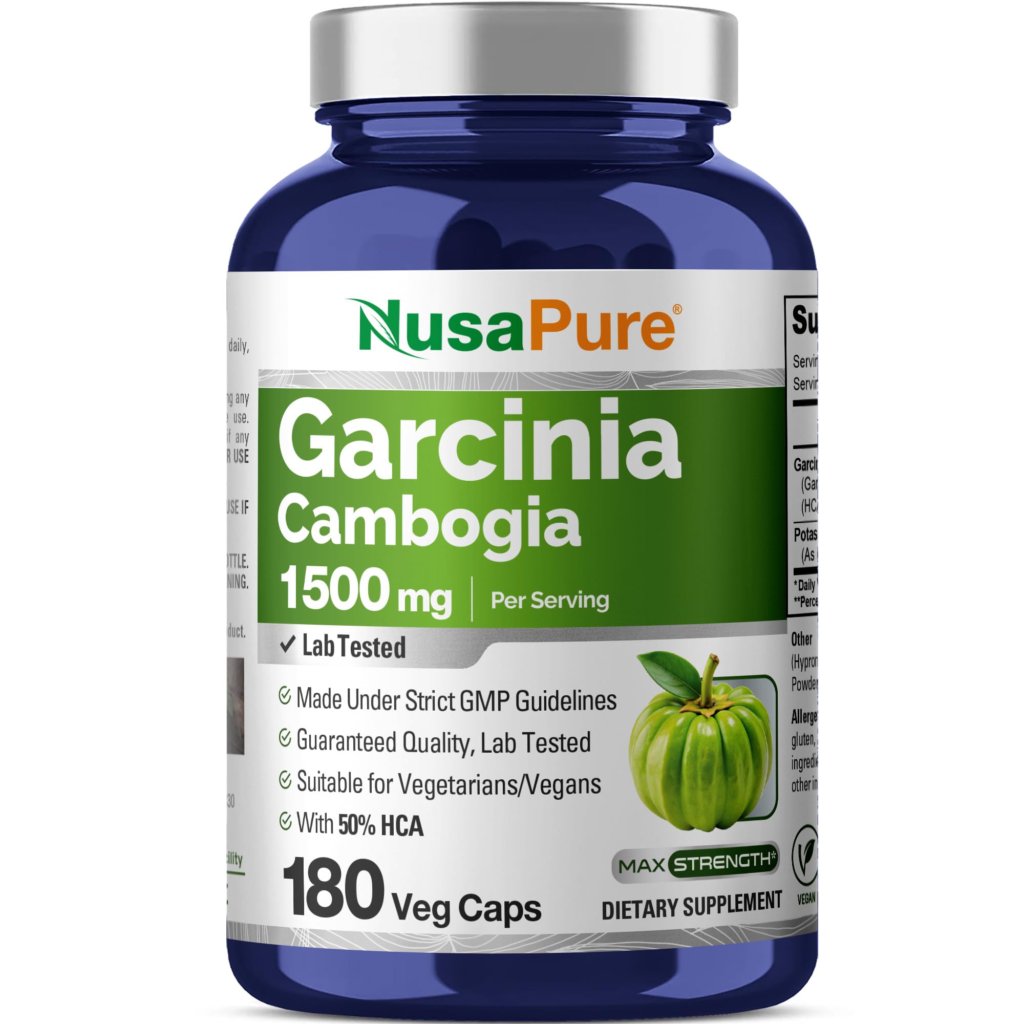 NusaPure Garcinia Cambogia 180 Veggie Caps 1500mg (Vegetarian, Non-GMO, Gluten Free)