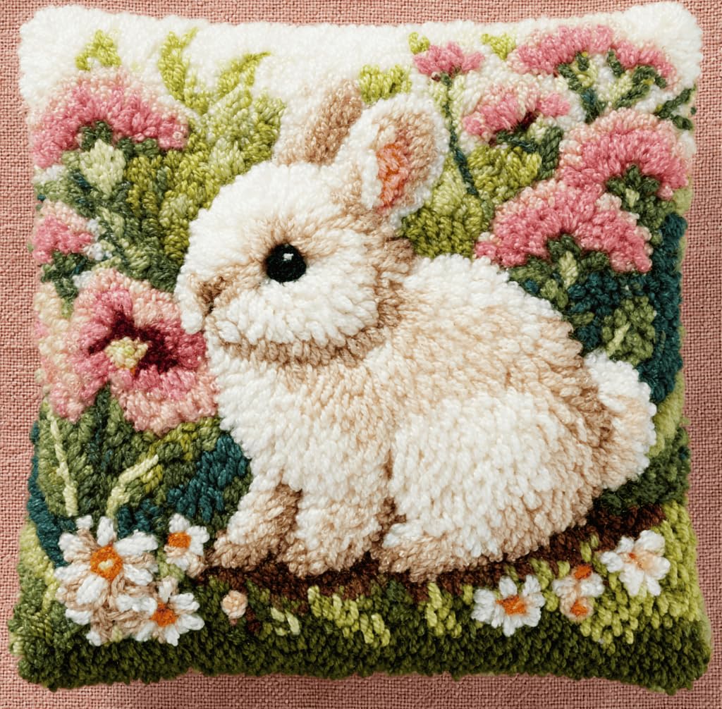 Taxpy DIY Latch Hook Pillow Kit Pre-Printed Hook and Latch Rug Kits Rabbit 17X17 Inch.Cross-Stitch Embroidery Cushion Cover for Home Sofa Decoration