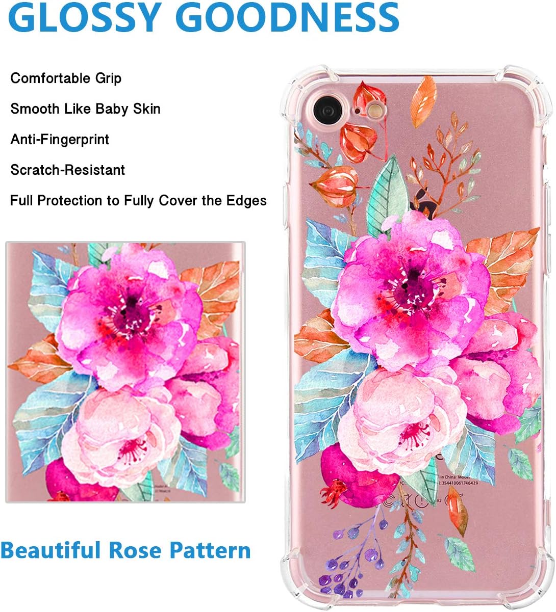TRENSOM iPhone SE 2020 Pink Flower Case iPhone 7 Clear Case Purple Floral iPhone 8 Case Slim Flexible Shockproof Bumper Protective Design Phone Back Cover for Girls Women