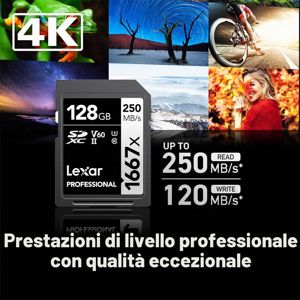 Lexar Schede di memoria SDXC professionali 1667x, da 128 GB, UHS-II, C10, U3, V60, video Full HD e 4K, fino a 250 MB/s in lettura, per fotografi professionisti, videografi e appassionati