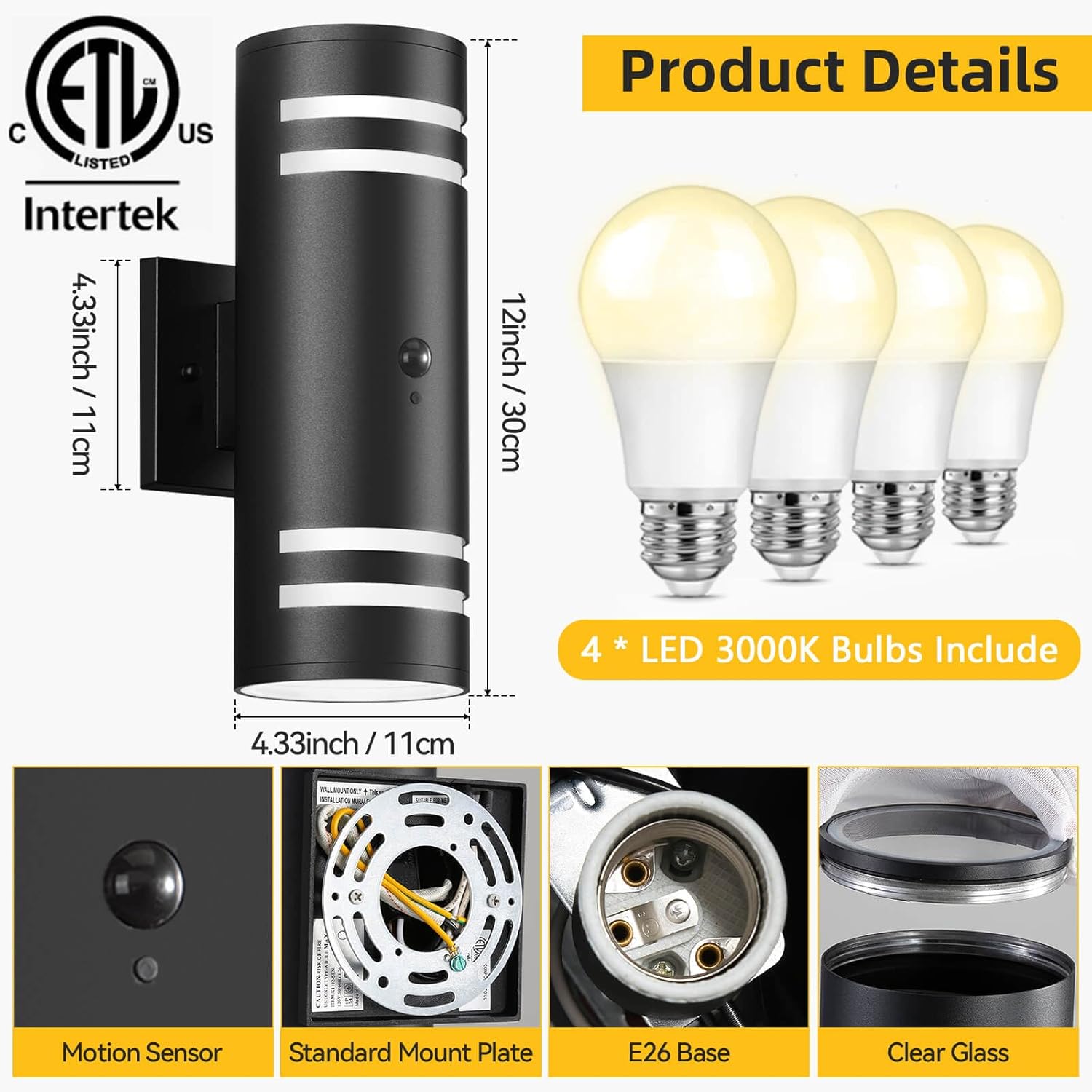 SHlMR Motion Sensor Outdoor Lights 2 Pack, Modern Dusk to Dawn Outdoor Lighting with Bulbs Include, Black Exterior Sconce Up and Down Motion Detector Lights for House Porch Garage, ETL Listed