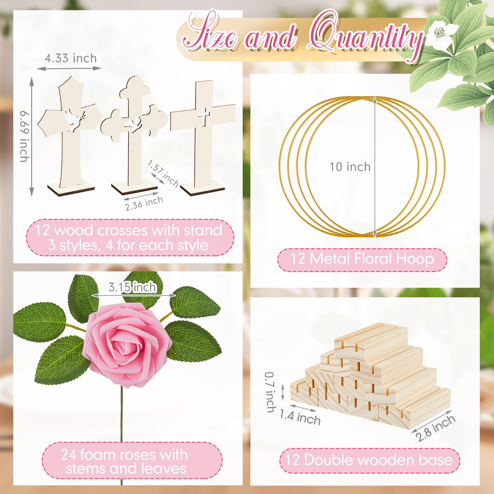 48 centrotavola per battesimi, decorazioni per la tavola del battesimo, 12 croci in legno, 12 cerchi floreali in metallo con supporti e 24 rose in schiuma, kit di ghirlande per feste di battesimo