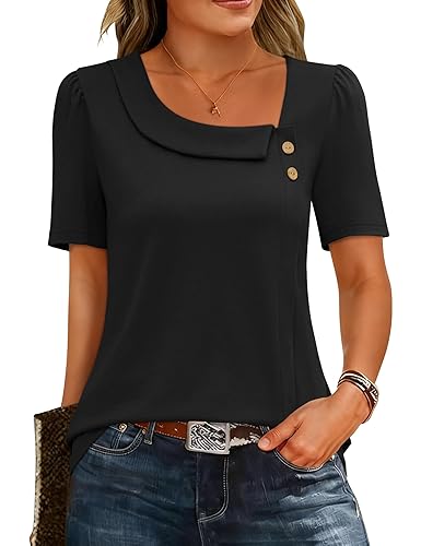 Womens Short Sleeve Summer Shirts Square Neck Button Blouse Dressy