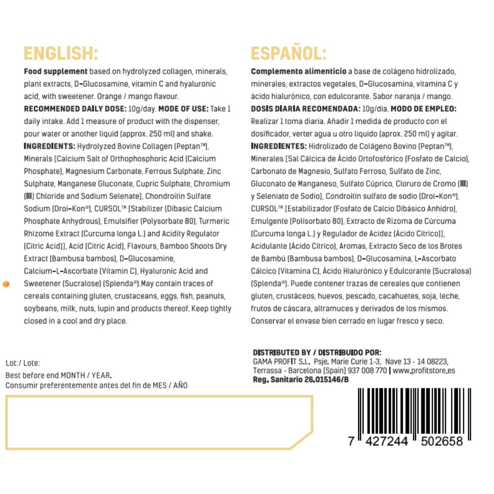 PROFIT - JointPRO Collagen - Combinado de colágeno PepTan con magnesio, zinc, condroitina, cúrcuma y CURSOL. Para mantener una correcta salud ósea - Sabor Mango Tropical Naranja - 350 gr = 35 serv.