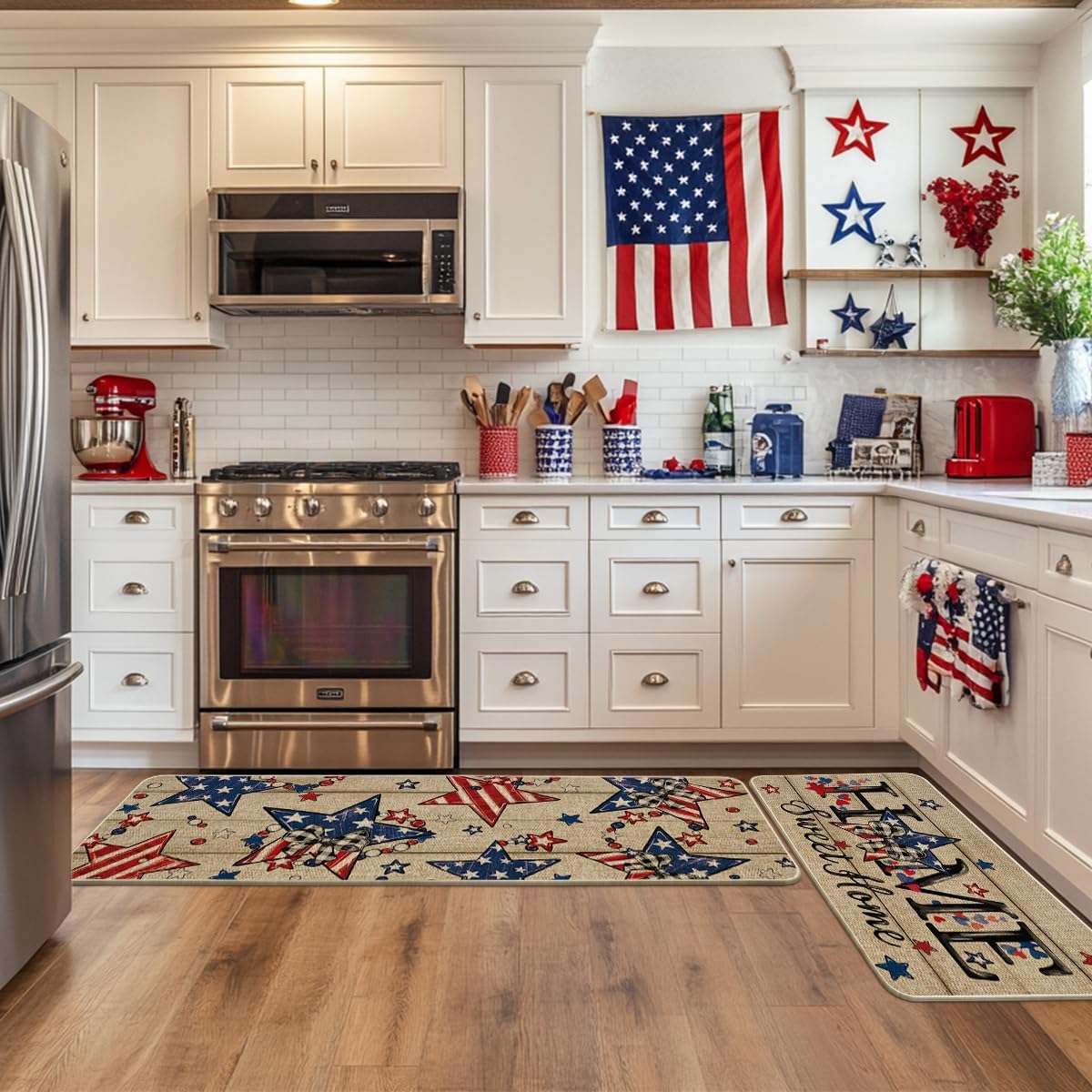 Artoid Mode Home Sweet Home Stars Beads 4TH of July Patriotic Kitchen Mats Set of 2, Memorial Day Home Decor Kitchen Rugs for Floor - 17x29 and 17x47 Inch