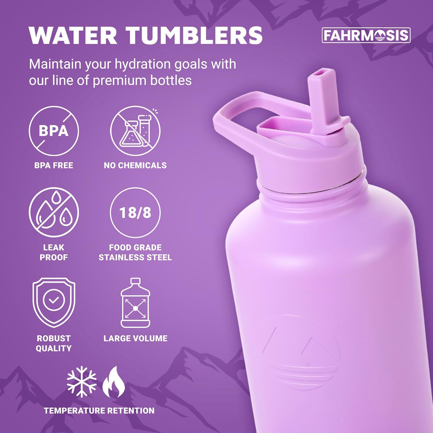 64 Oz Insulated Water Bottle with Strap Stainless Steel Sports Water Bottle with 3 Lids (Straw, Chug and Flip Lid) Leak Proof Metal Half Gallon Jug for Men & Women - Lavender - Image 2
