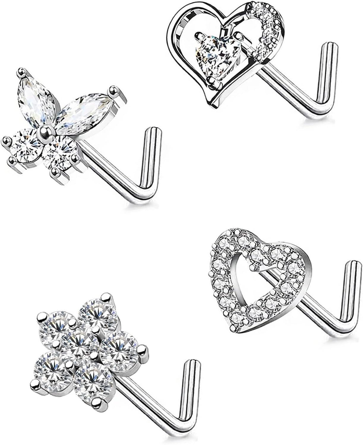 3Pcs 20G Heart Nose Rings 316L Stainless Steel L Shaped CZ Nose Studs Nose Rings Nose Piercing Jewelry for WoLaseredmen Men