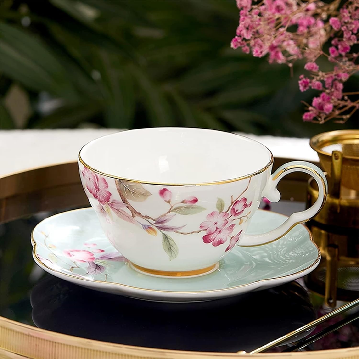 KAMMAK Ceramic Coffee Cups Saucers Set of 2, Porcelain Espresso Cups with Saucers, 5.41 oz Handmade Elegant Bone China Tea Cup, Ceramic Floral Pattern Demitasse for Latte, Americano, Cappuccino