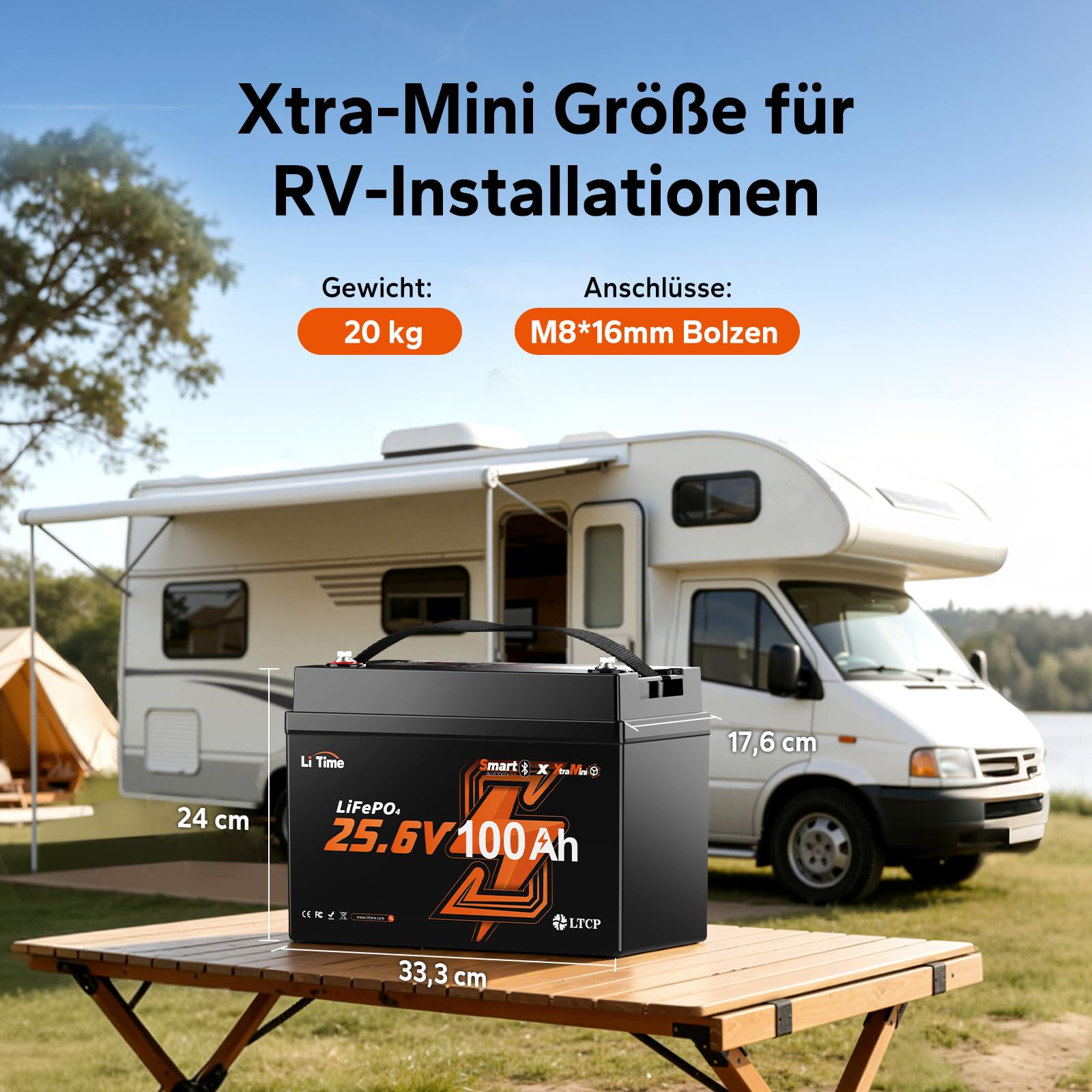 LiTime LiFePO4 24V 100Ah Xtra Mini Bluetooth Lithium Batterie für Wohnmobil | 2560Wh Stromspeicher mit 100A BMS, Max. 15000 Zyklus,Ideal für Heimspeichersysteme, Trolling Motor, Boot und Off-Grid Hütte