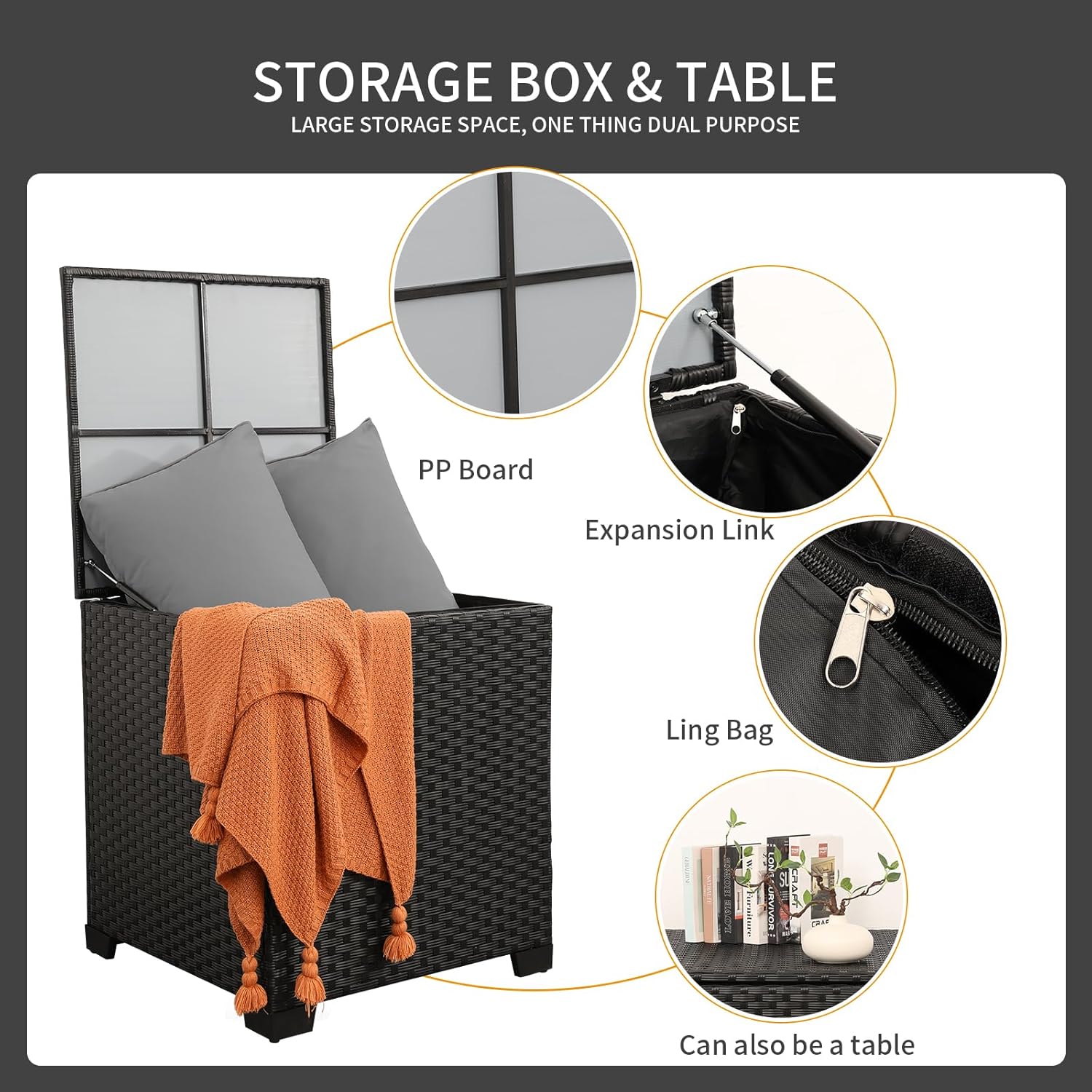 WAROOM Patio Furniture Set 4 Piece Conversation Sets Black Rattan Outdoor Couch Loveseat Wicker Sectional Sofa with Storage Box Glass Top Table, Grey Cushion