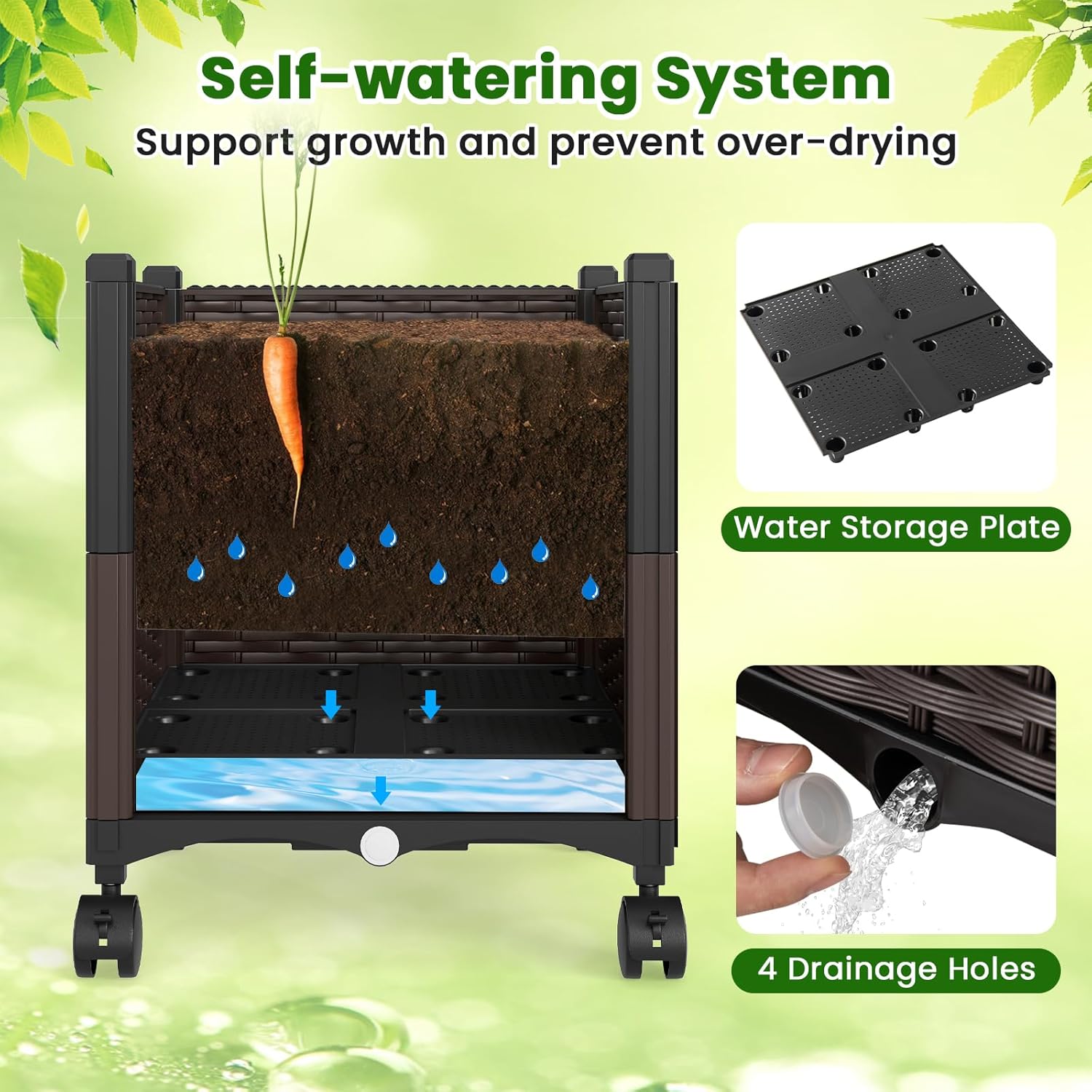 HAPPYGRILL 87" Raised Garden Bed w/Trellis, Self-Watering Planter Box w/ 3 Adjustable Heights, Lockable Wheels for Climbing Plants Flowers Vine, Indoor Outdoor Vertical Tomato Cage for Garden (1)