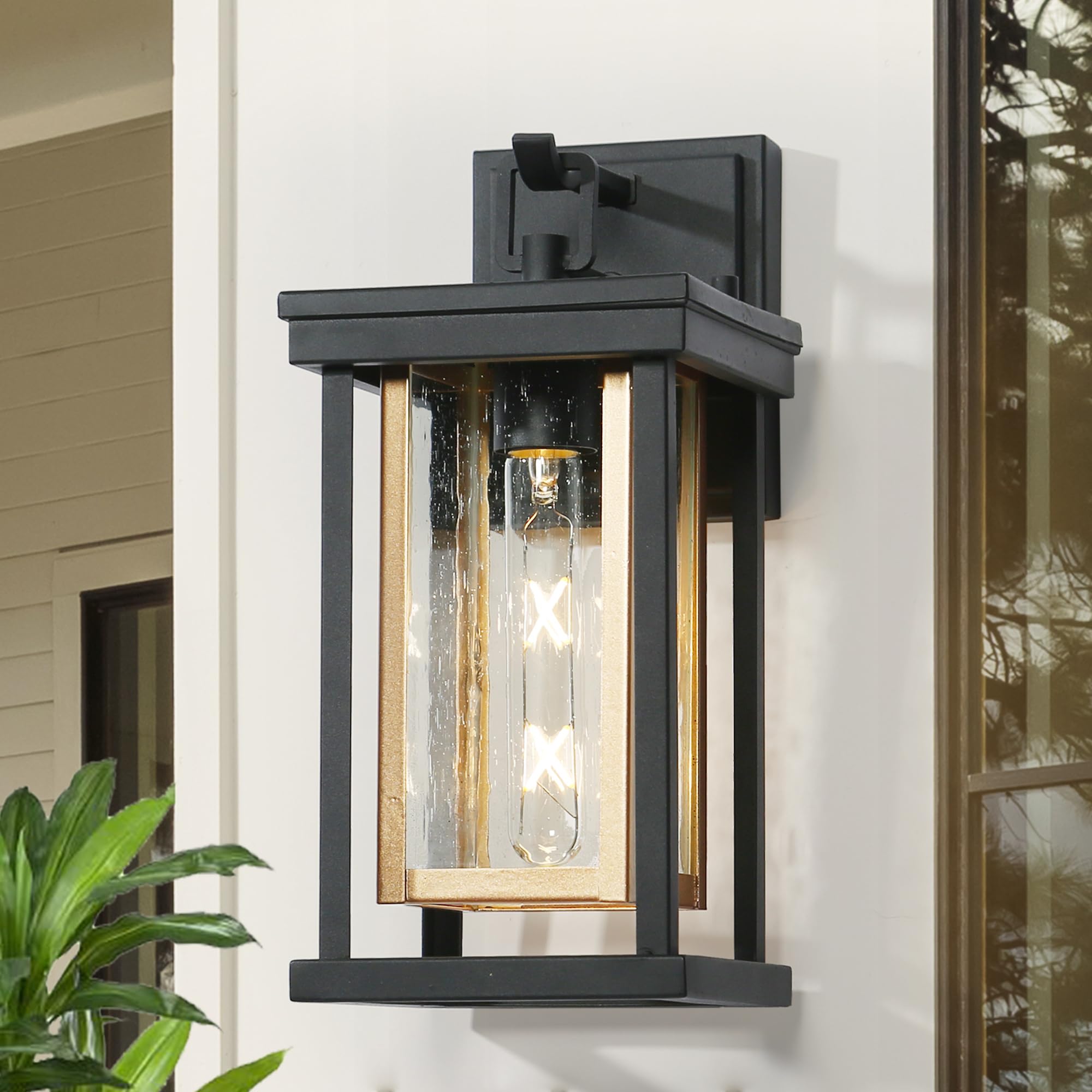 GEPOW Black and Gold Outdoor Wall Lights, Modern Rectangular Exterior Outdoor Light Fixtures Wall Mount with Seeded Glass, Waterproof Outdoor Outside