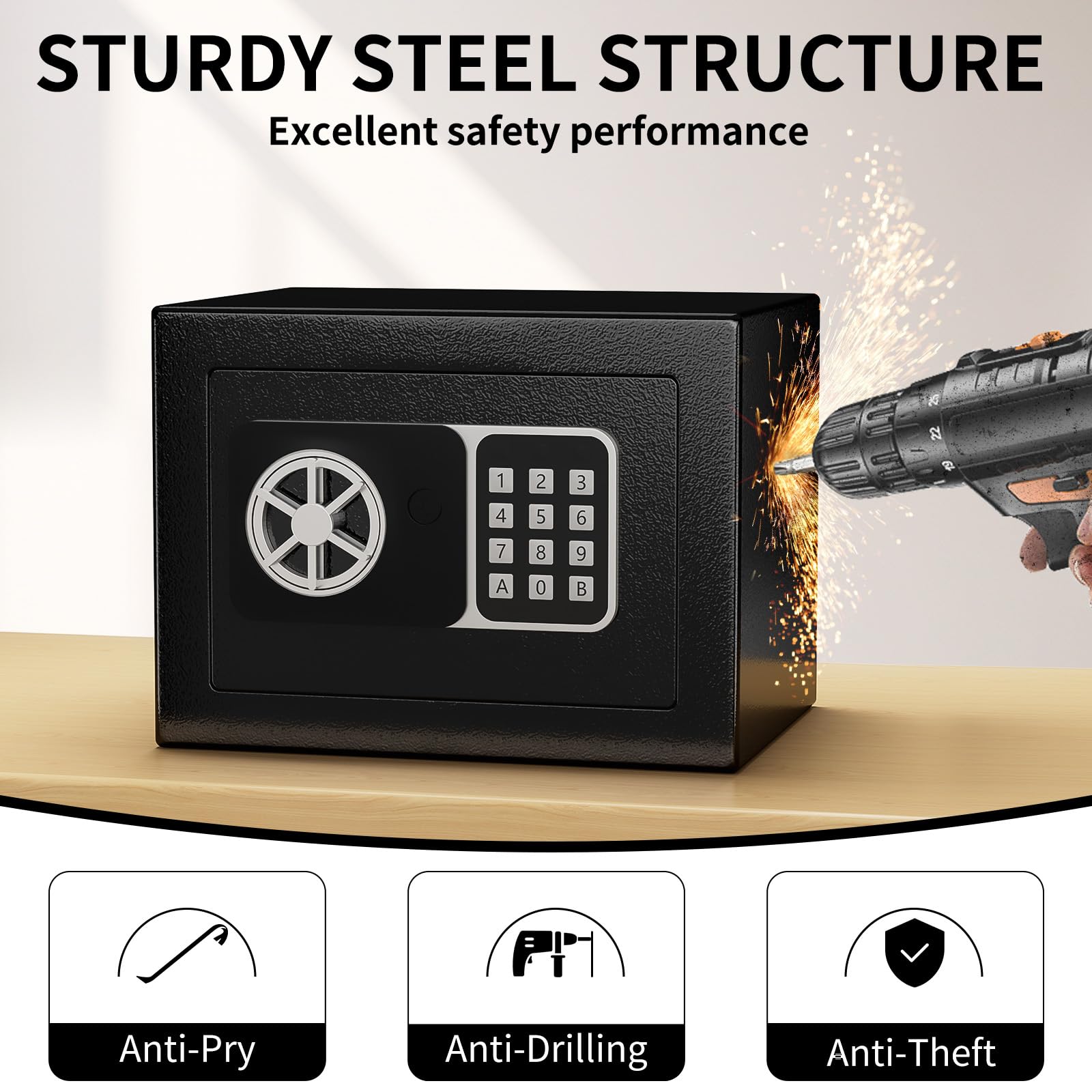 Digitaler Safe 6,8 l, kleiner Tresor für Zuhause, elektronische Sicherheitskassette, Wandtresor fürs Homeoffice mit 2 Schlüsseln, Mini-Safe 23 x 17 x 17 cm, schwarz