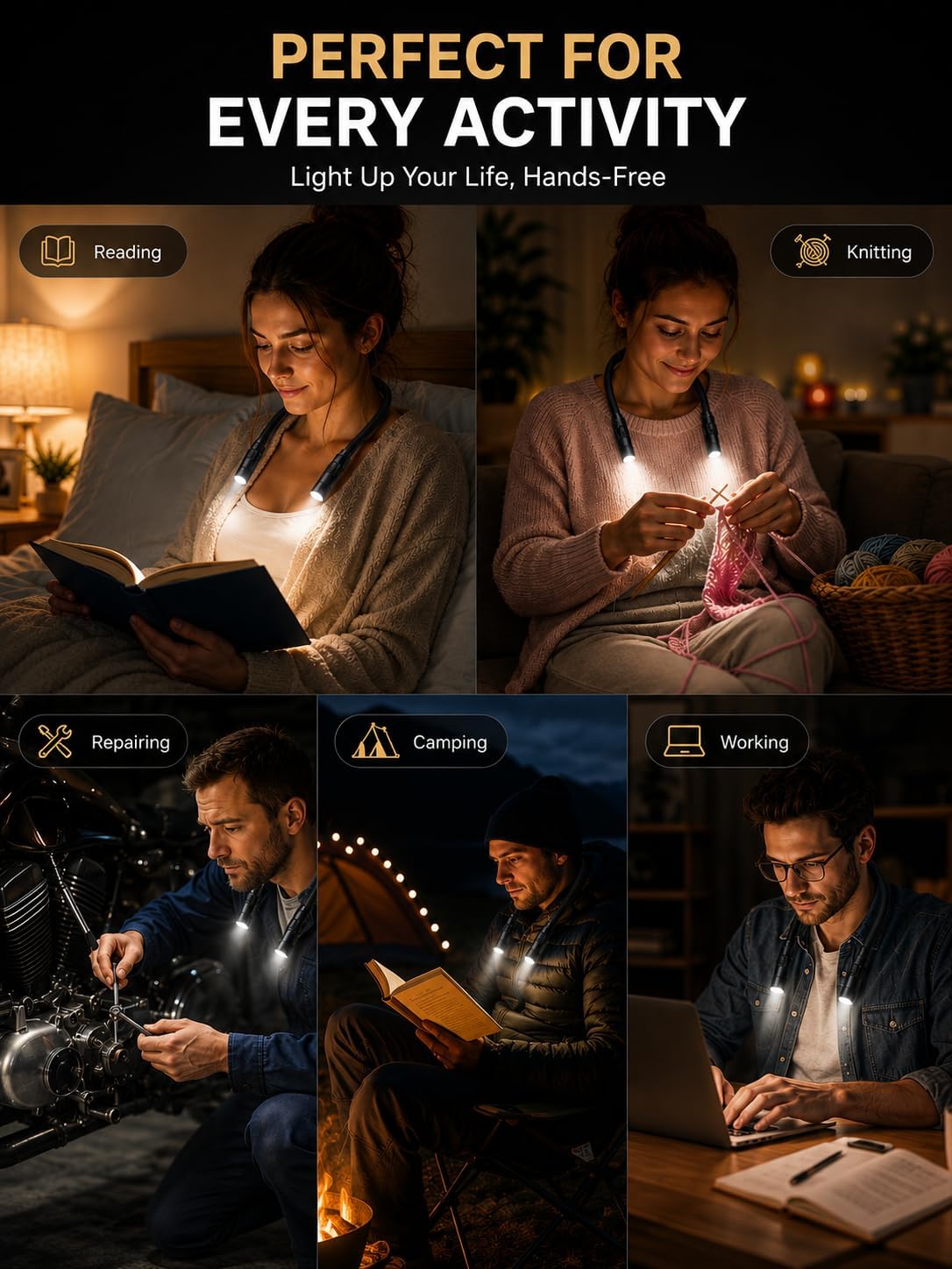 LUXJET Rechargeable Neck Light for Knitting & Crochet - Book Lights for Reading in Bed – 3 Color Modes, Dimmable, Eye-Care LED, Hands-Free Neck Light for Repairs