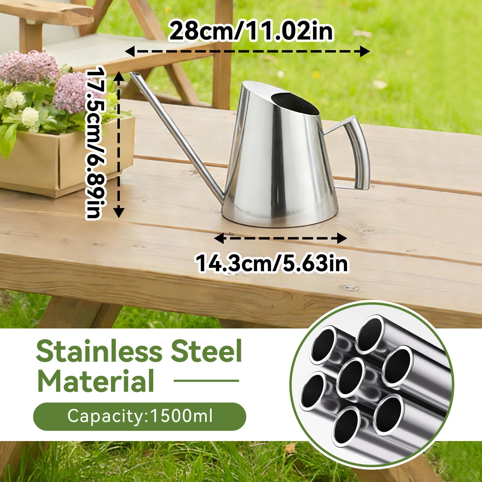 Annaffiatoio 1.5 Litri,Annaffiatoio in Acciaio Inossidabile Grande Innaffiatoio Annaffiatoio Bonsai con Manico Addensato per Irrigazione Giardinaggio Piantare in Interni All'aperto