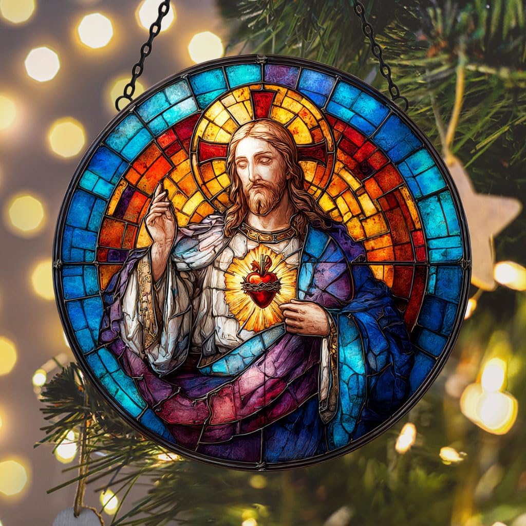 Jesus Heart of Sacred Suncatcher Stained Glass Mosaic Window Car Hanging Christmas Ornament Indoor Outdoor Decor Garden Memorial Sun Catcher for Family Christmas Jesus Gift for Women Mom Grandma