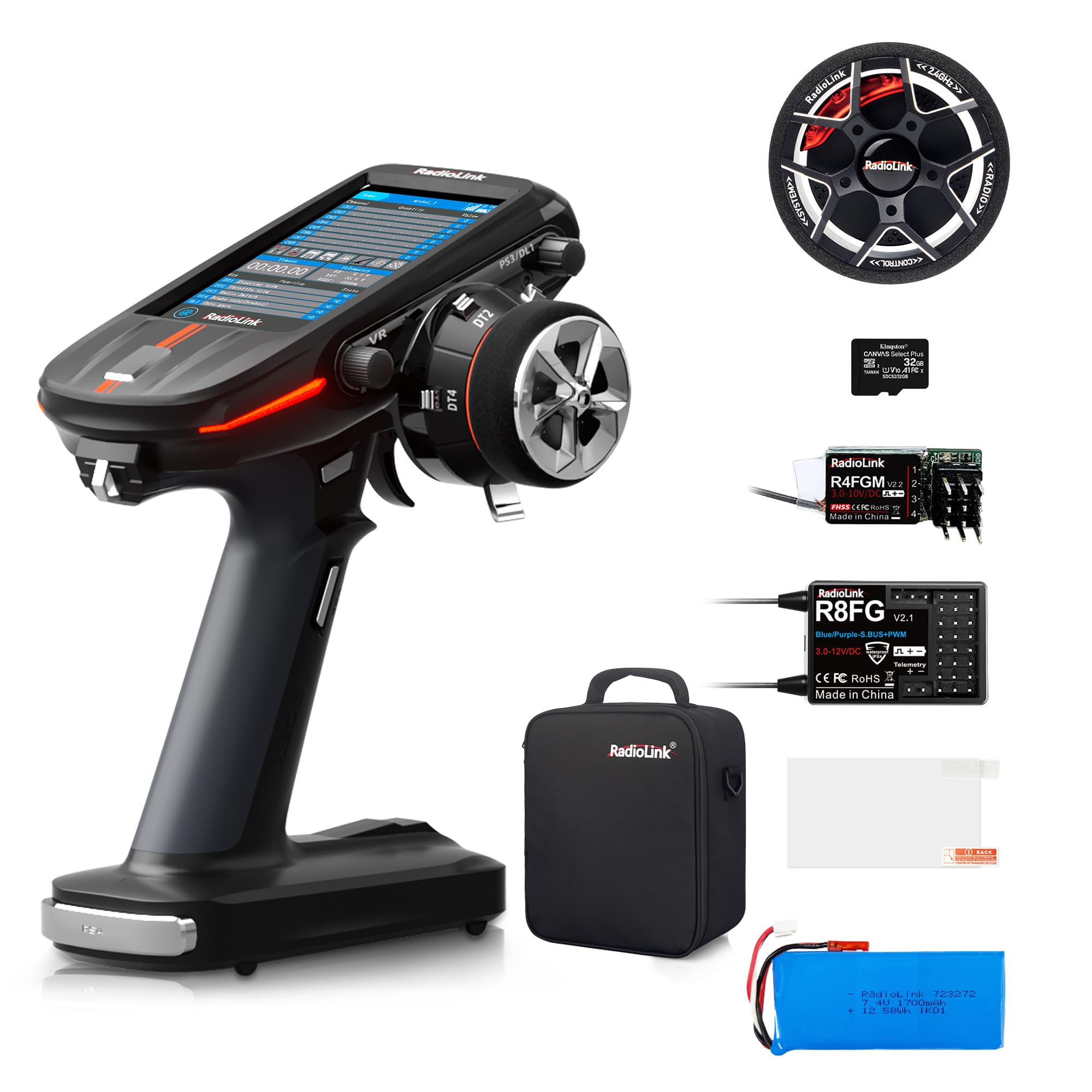 Radiolink RC8X 8 CH2.4G RC Transmitter and R8FG&R4FGM V2.2 Gyro Receiver, and Handwheel Replacement, Telemetry Surface Remote Controller, 4.3" IPS Touch FPV Screen for RC Crawler/Drifting/Cars/Boats