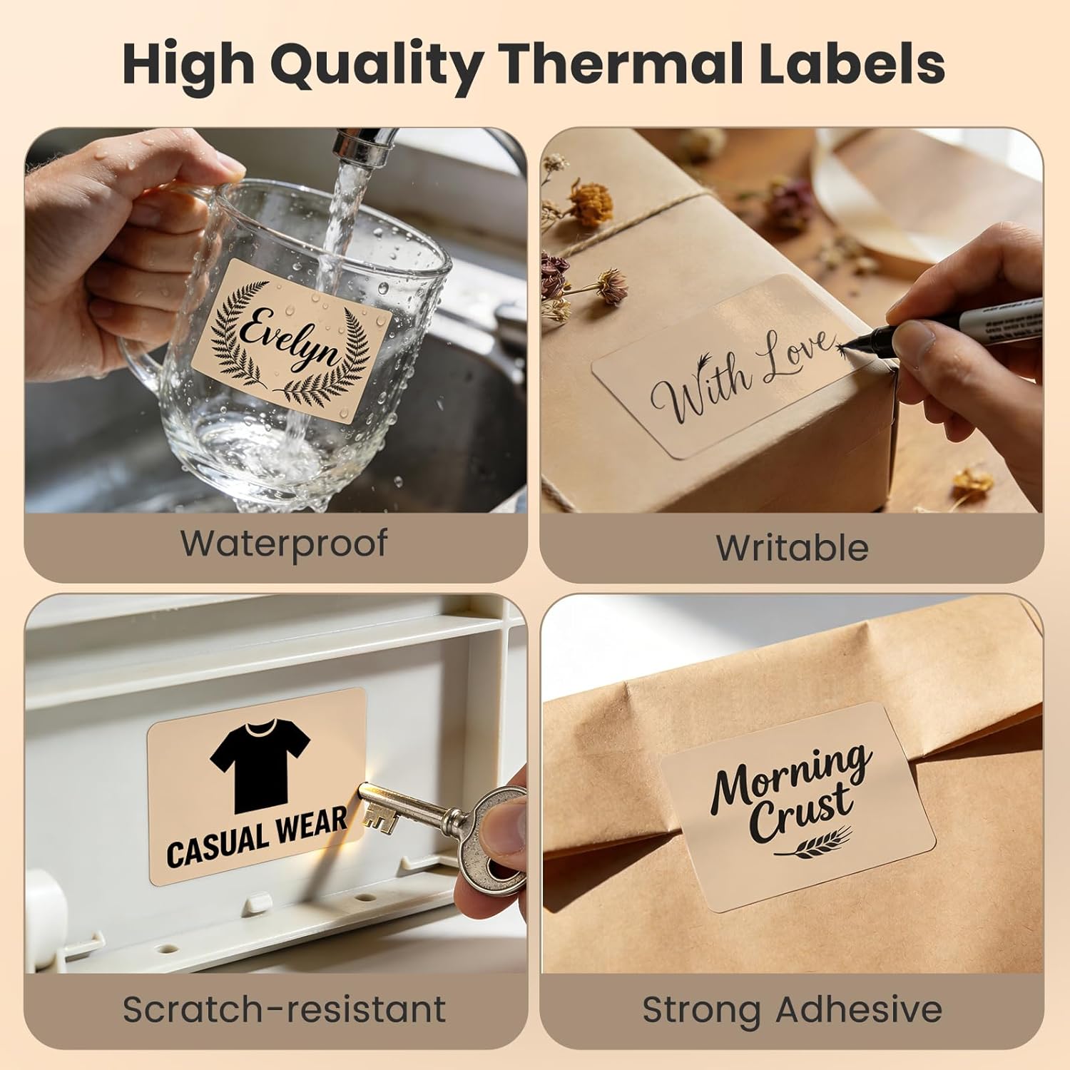 Khaki Thermal Labels 2 × 3 Inch Vinyl Rectangular Waterproof Direct Printer Sticker Self-Adhesive Perforated Name Tag for Logo DIY QR Design Office Address 500 PCS - Image 5