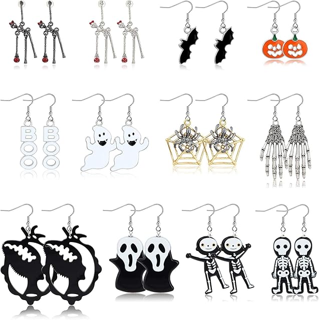 Milacolato Halloween Earrings Pack Drop Dangle Earrings Dancing Skeletons Skull Spiderweb Pumpkin Ghost Halloween Earrings Set for Women Men