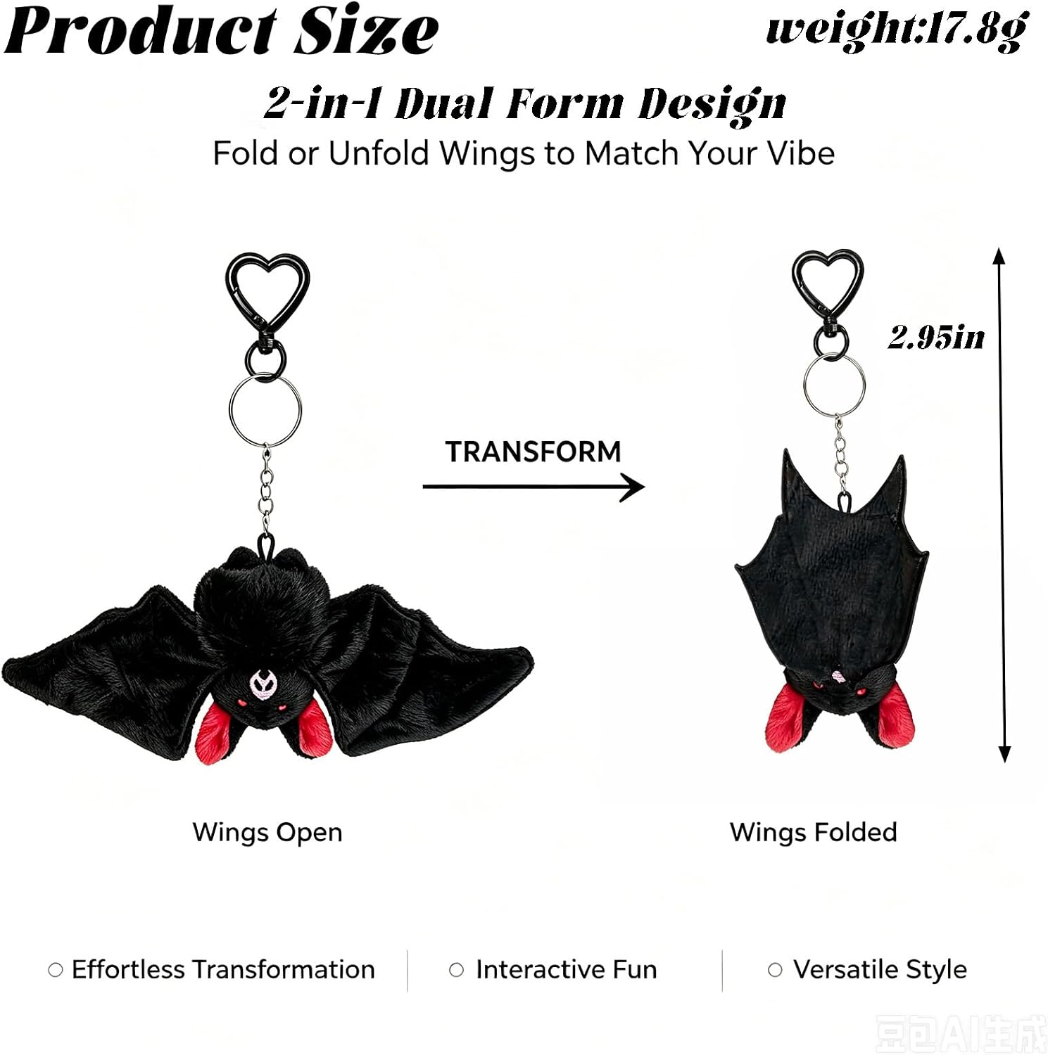 Cute Bat Plush Keychain, Bag Charm with Heart Shaped Clip Dark Aesthetic Stuffed Animal Charm for Daily Decor Accessary
