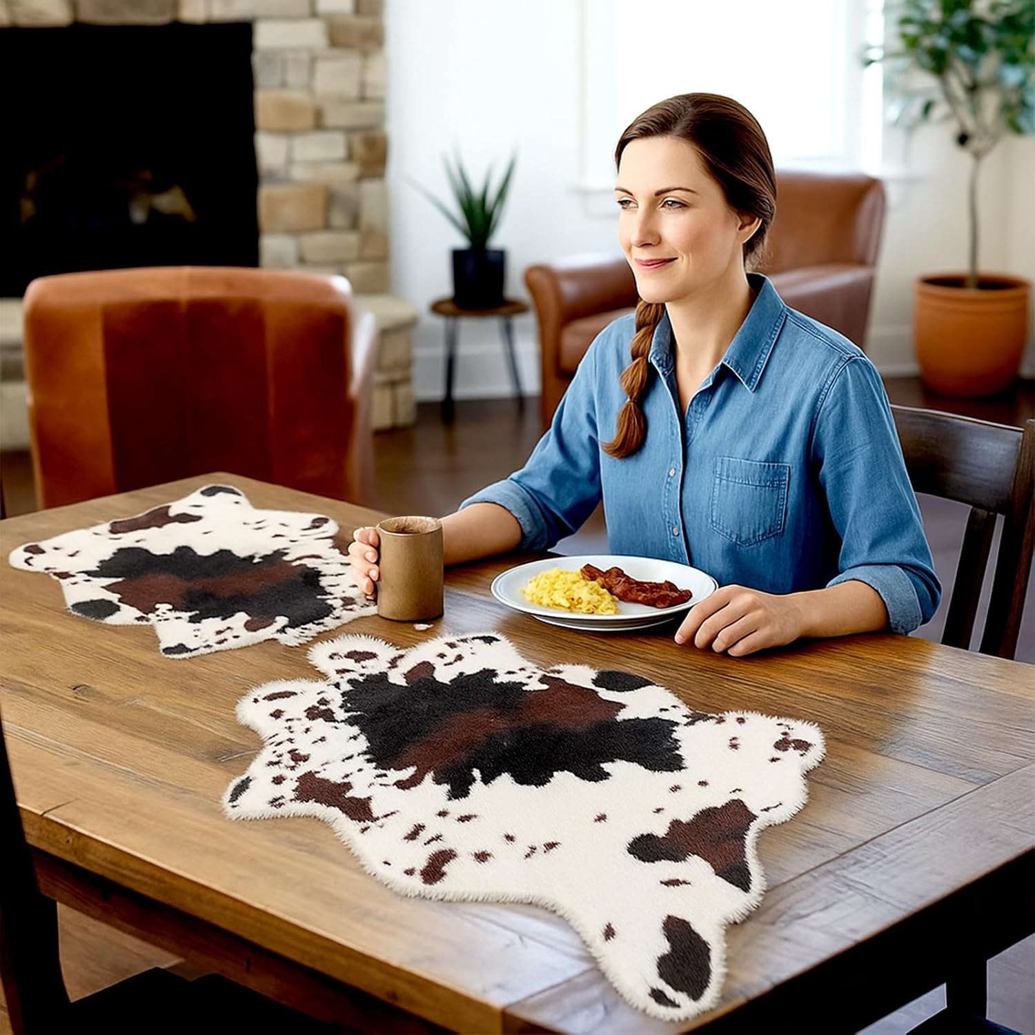 Drydiet 4 Pcs 19.3" W x 23.6" L Faux Cowhide Rug Cow Print Rug Western Cowboy Table Centerpieces Faux Animal Area Placemats Farmhouse Rustic Home Decor Rodeo Party Decoration for Living Room Bedroom