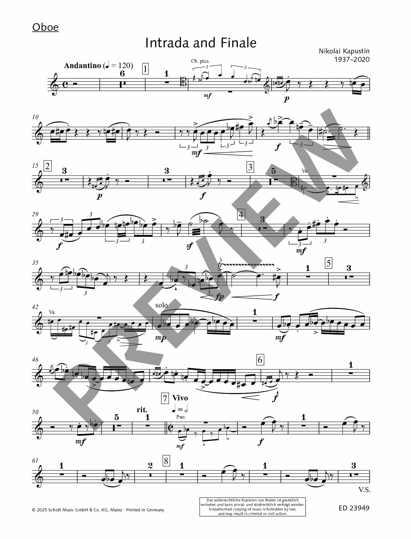 Intrada and Finale: für Sextett (Flöte, Oboe, Klavier, Viola, Kontrabass und Drums). op. 79. Flöte, Oboe, Klavier, Viola, Kontrabass, Drums. Partitur und Stimmen. (Edition Schott)