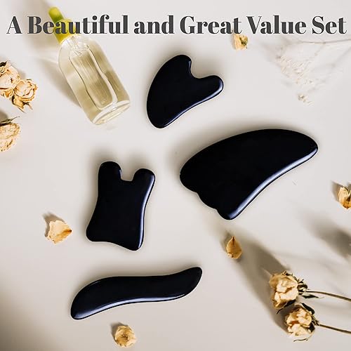 Vista 13 de Rena Chris Herramienta de masaje Guasha, 4 herramientas faciales Gua Sha, tablero de guasha para terapia de acupuntura de spa, tratamiento de punto