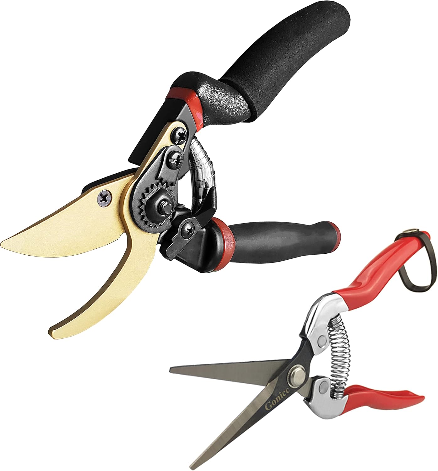 gonicc 8.5" Professional Rotating Bypass Titanium Coated Pruning Shears(GPPS-1014) and Micro-Tip Pruning Snip (GPPS-1008), Pruners with Heavy Duty SK5 Blade. Soft Cushion Grip Handle for Everyone.