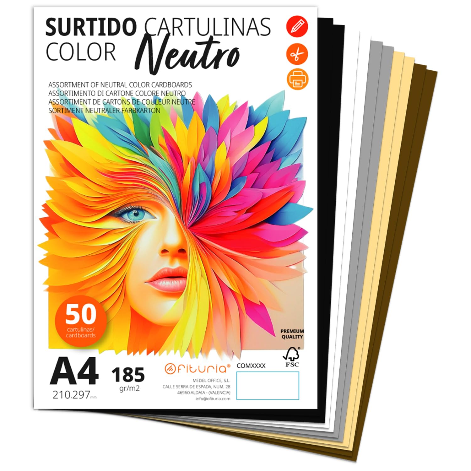 Ofituria A4 Assorted Coloured Cardstock - 50 Sheets (10 Black, 10 White, 10 Grey, 10 Brown, 10 Cream) - 185gsm - A4 Size - Ideal for Crafts, Art, Education and Home Use