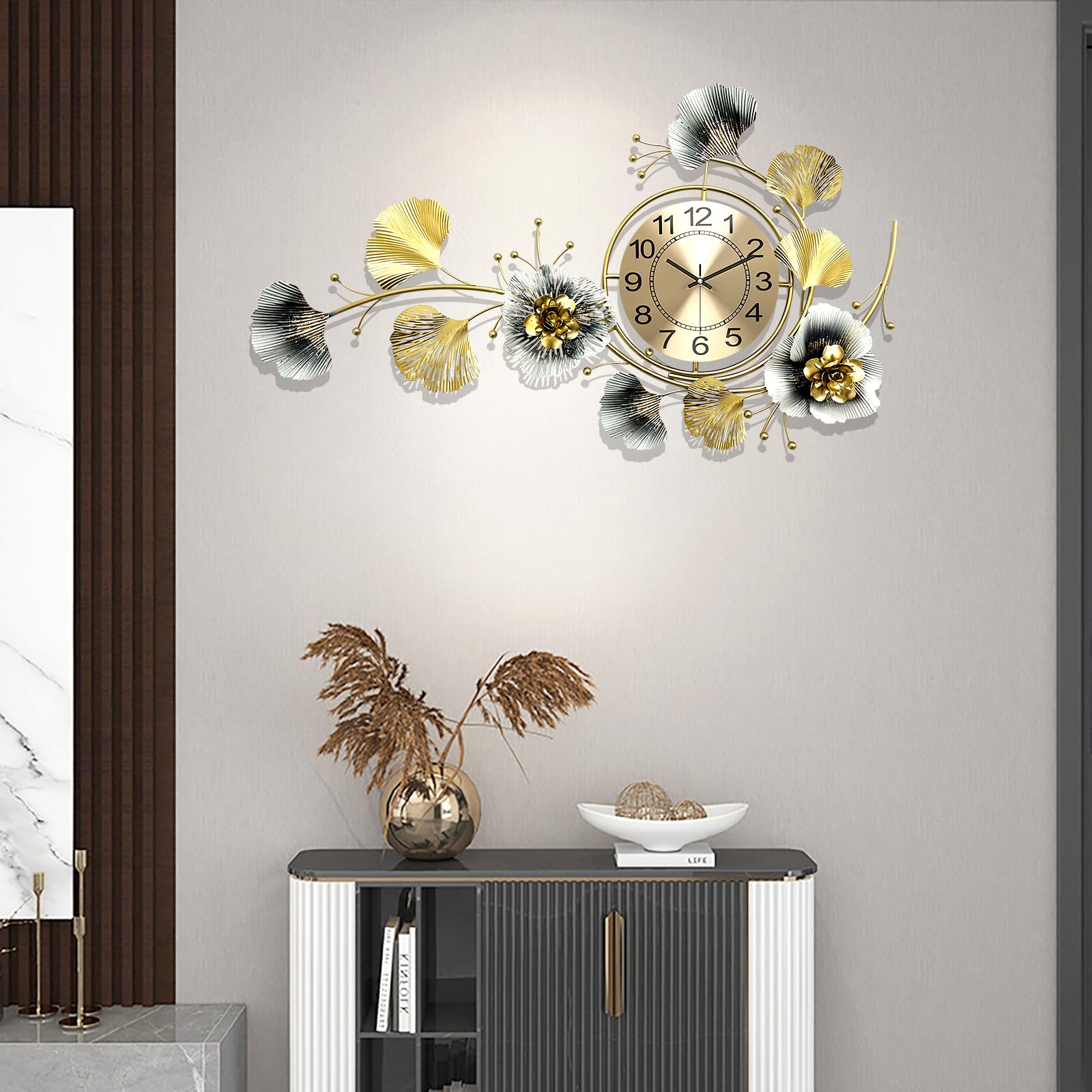 Orologi da parete per la decorazione del soggiorno, grande orologio da parete, silenzioso Relojes de Pared con quadrante girevole a 360°, orologio al quarzo da parete in metallo 3D con foglia di